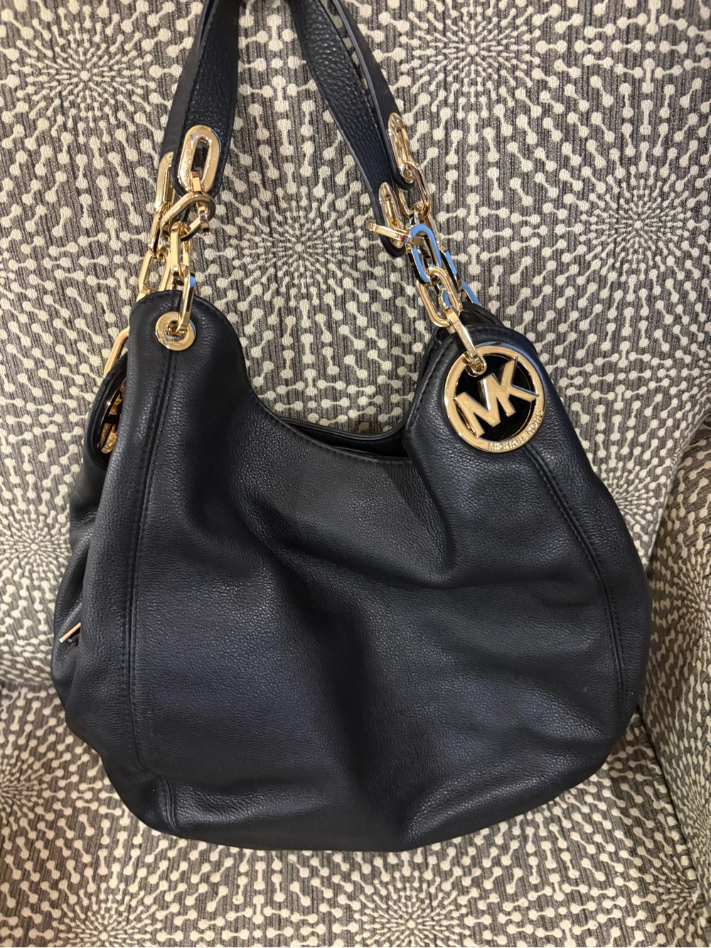 Michael Kors Black Pebbled Leather Hobo Shoulder Bag with Gold MK Charm